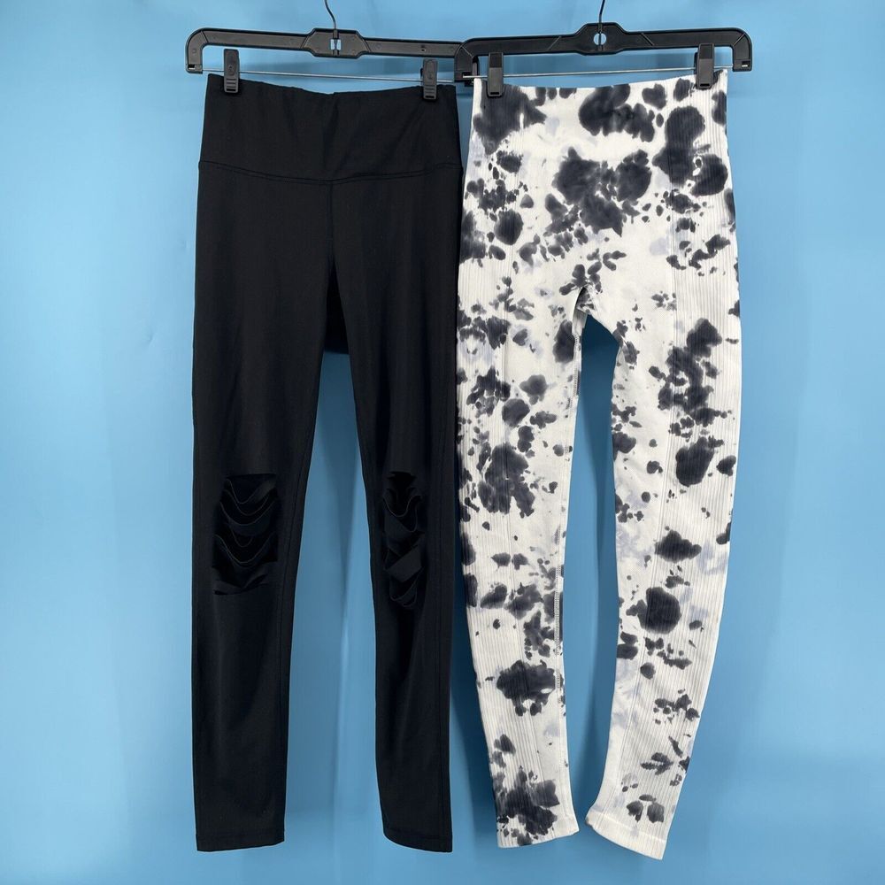 2-Mono B Leggings Womens Small Ribbed Highwaist White Splatter‎ and Black Ripped